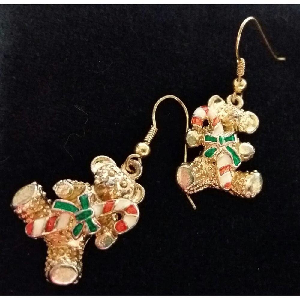 Teddy Bear Candy Cane‎ Bows Earrings Winter Christmas Holiday Vintage Jewelry